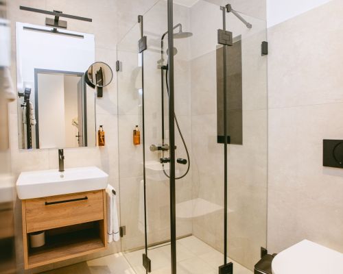 Modernes Badezimmer im Standard-Doppelzimmer+2 mit WC, Waschbecken, Glasdusche und schwarzen Armaturen.
