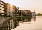 Waterfront at Münster harbour with modern buildings and promenade