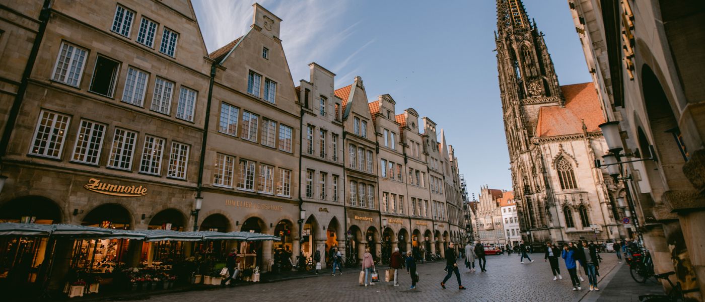 Historic Prinzipalmarkt in Münster with arcades and gabled houses