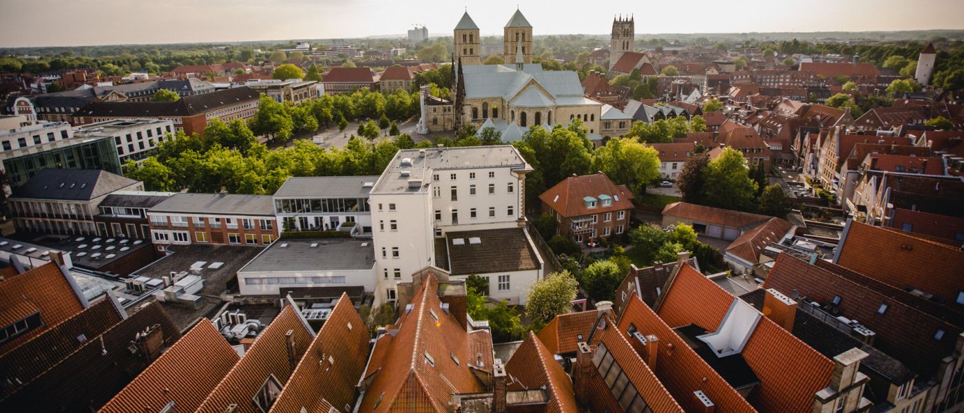 Aerial view of Münster Old Town with historic buildings and churches