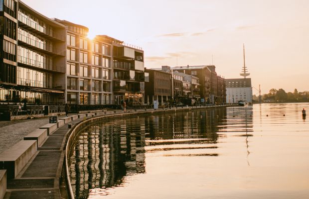 Waterfront at Münster harbour with modern buildings and promenade