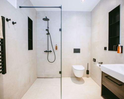 Spacious bathroom with walk-in shower, modern fittings and elegant tile design.