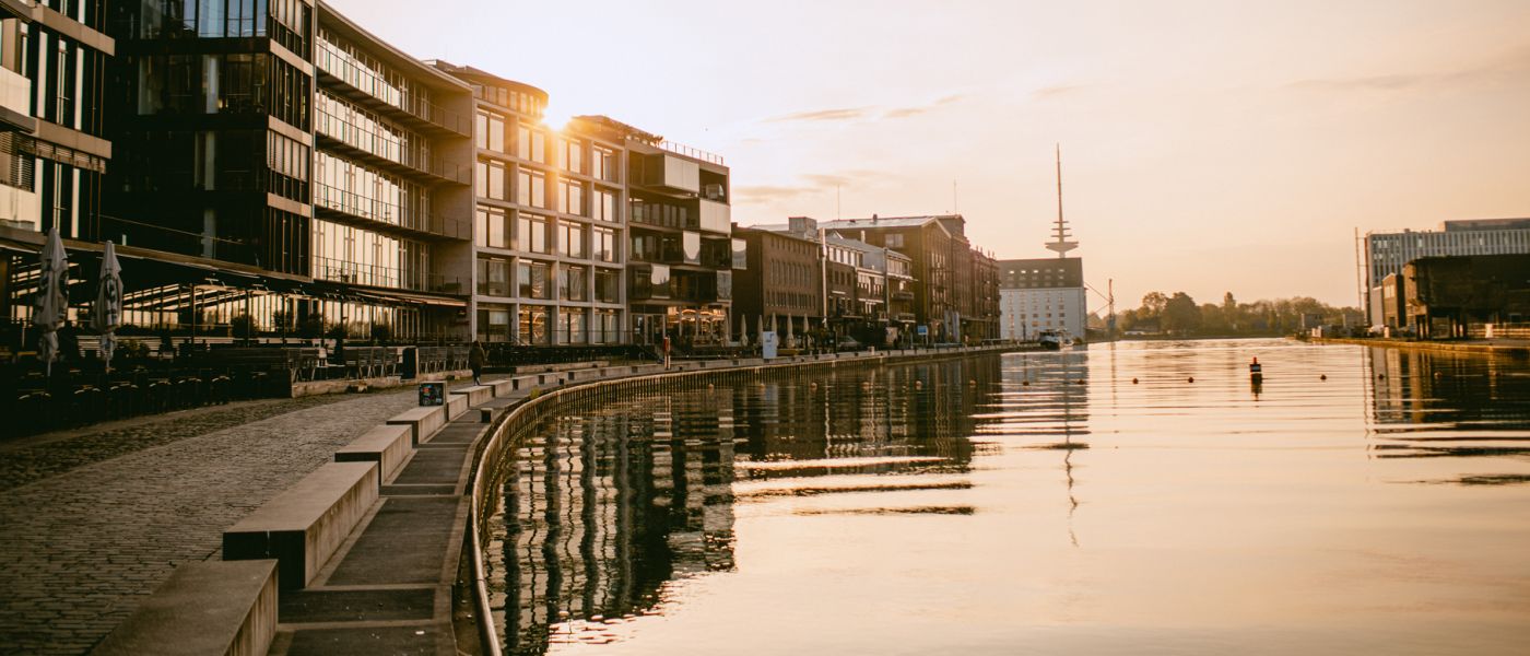 Waterfront at Münster harbour with modern buildings and promenade