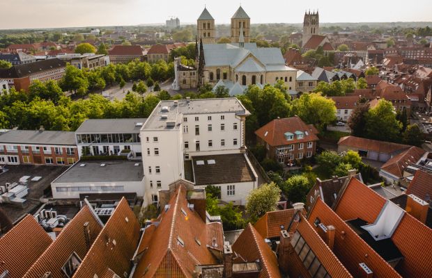 Aerial view of Münster Old Town with historic buildings and churches