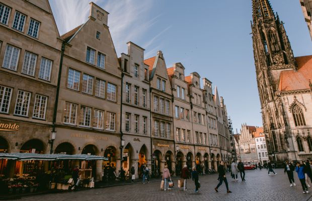 Historic Prinzipalmarkt in Münster with arcades and gabled houses