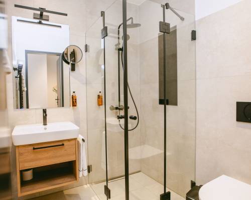 Contemporary bathroom with walk-in glass shower, high-quality fittings and a clean design