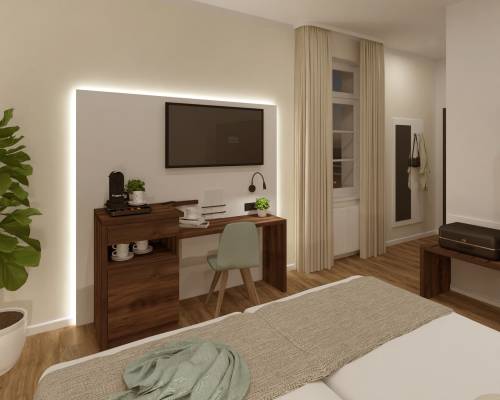 Komfort Zimmer mit Doppelbett, Schreibtisch und Smart-TV