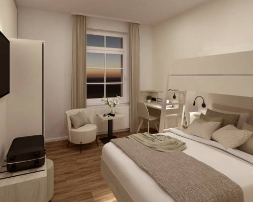 Zimmeransicht mit Doppelbett und Hochbett